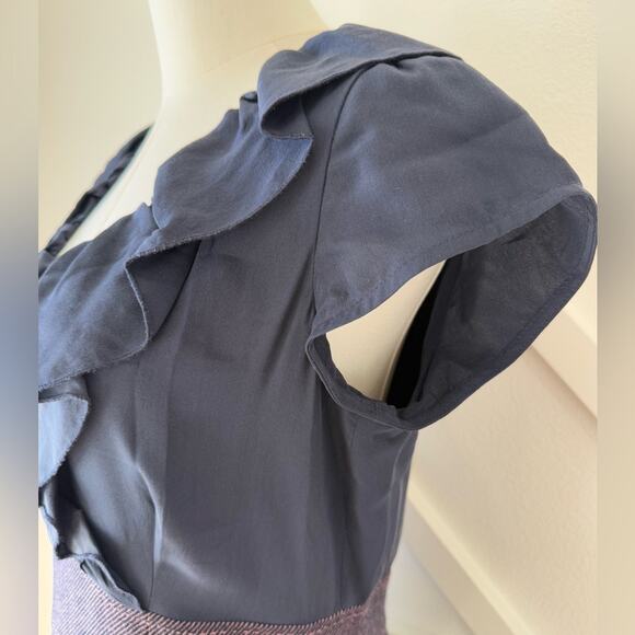 Rebecca Taylor Ruffle 100% Silk Wool Tweed Sheath Dress Blue and Purple Size 10 - Picture 5 of 13